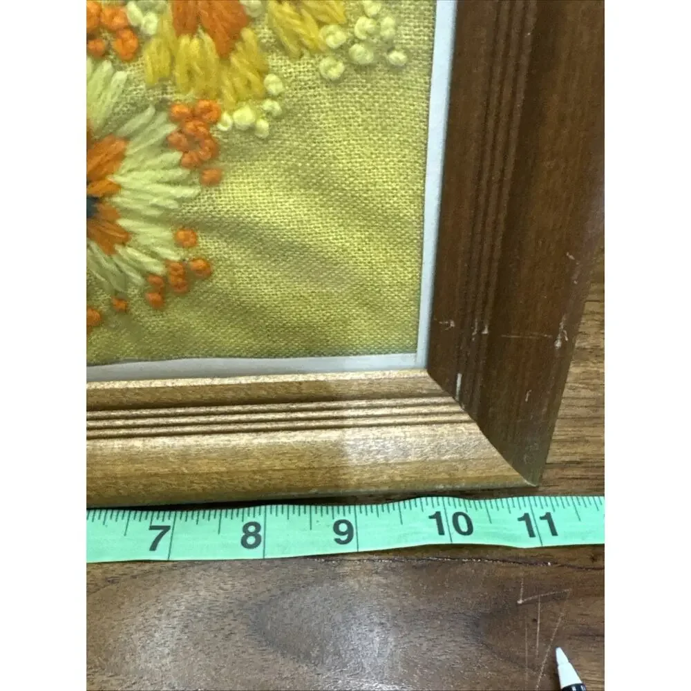 1970s Crewel Yarn framed needlepoint Stitched wall art 11x14 Inches